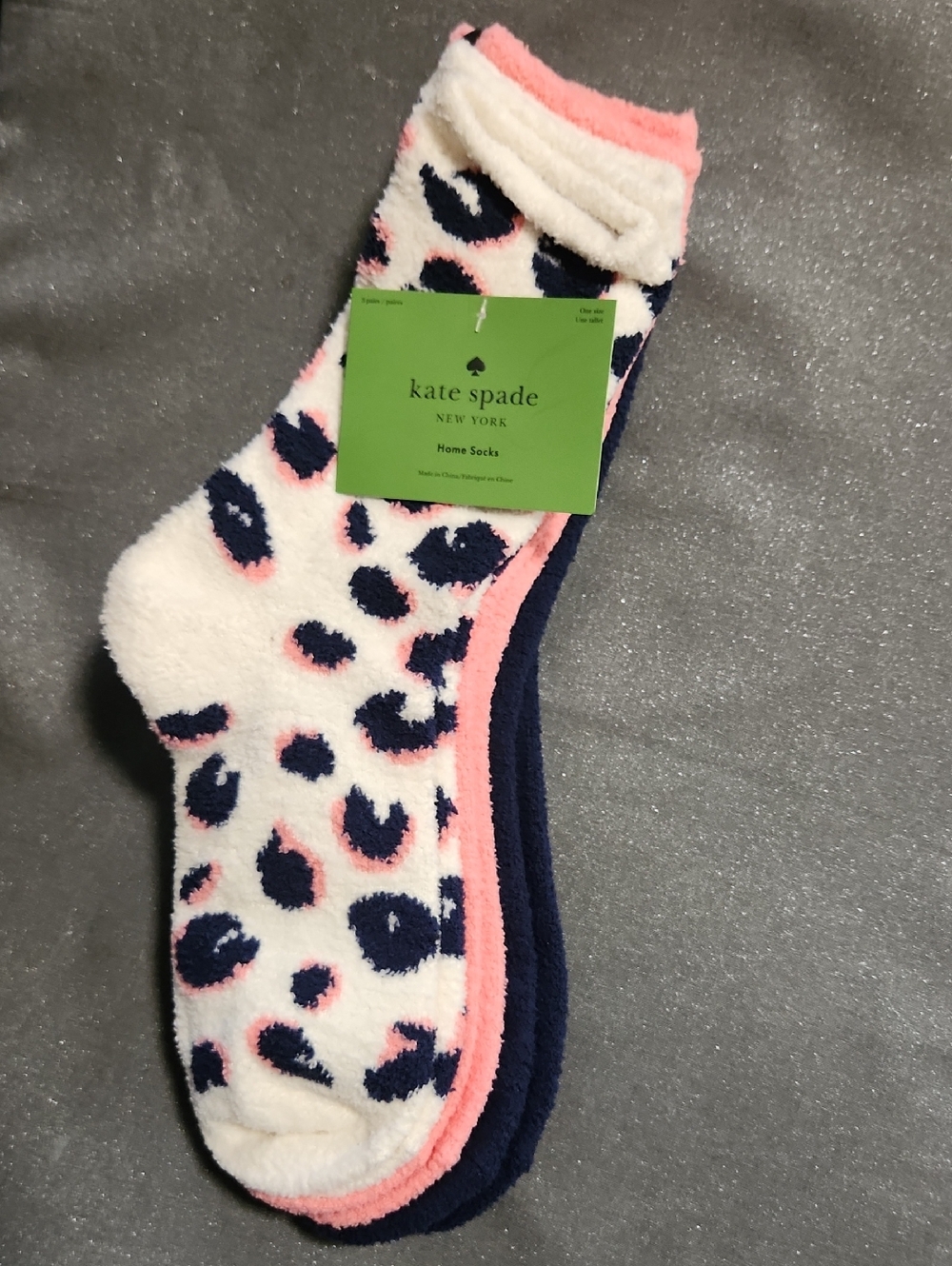 Kate Spade 3 Pack Of Crew Pink, Navy & White Fuzzy Leopard Home Socks